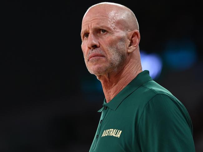 MELBOURNE, AUSTRALIA - JULY 04: Head Coach of the Boomers Brian Goorjian looks on during the game between the Australia Boomers and China at John Cain Arena on July 04, 2024 in Melbourne, Australia. (Photo by Graham Denholm/Getty Images)