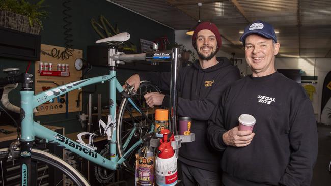 New Business Pedal Bite Owners Simon and Russell Waters in their bicycle workshop which has an adjoining cafe in New Town. Picture: Linda Higginson.