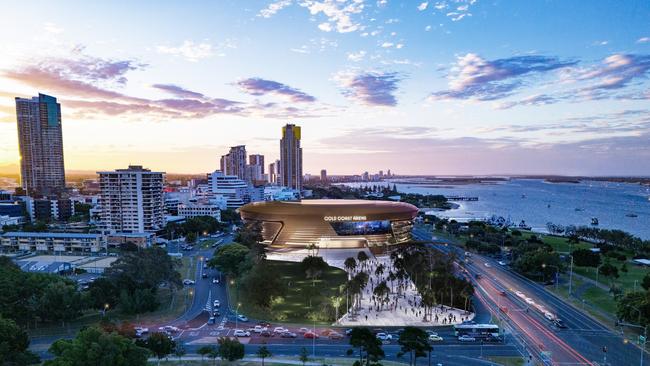 Artist impression of the proposed Gold Coast Arena boutique stadium at Carey Park, Southport. Picture: Supplied by Gold Coast City Council