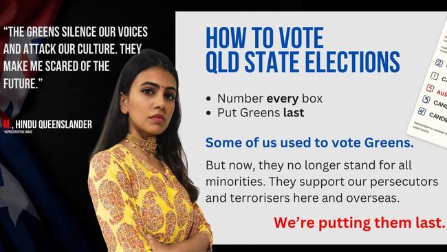 The Queensland Jewish Collective has erected a series of anti-Greens billboard advertisements for key Brisbane seats. In its next campaign, it will partner with local Iranian and Hindu groups.