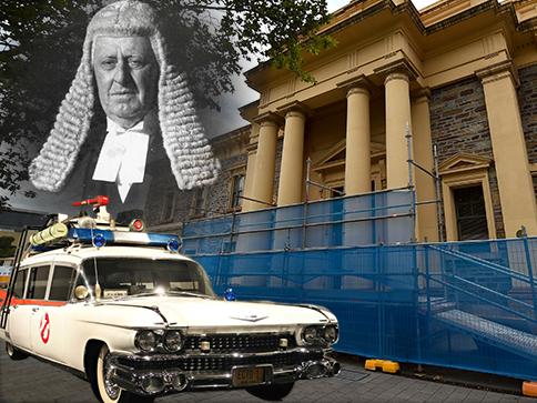 The builders renovating Adelaide's Supreme Court building have called in The Ghostbusters - well, technically a medium - who says Courtroom 11 is haunted by the spirit of former Chief Justice Sir George Murray.