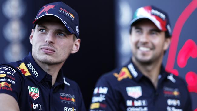 Red Bull drivers Max Verstappen and Sergio Perez. Picture: Chris Graythen/Getty Images