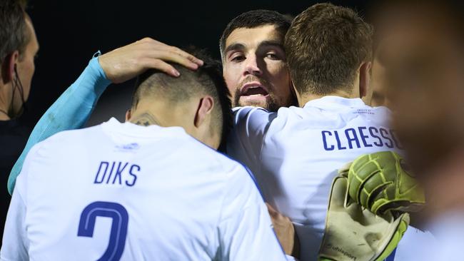 HOBRO, DENMARK - OCTOBER 19: Kevin Diks, Goalkeeper Mathew Ryan of FC Copenhagen and Viktor Claesson of FC Copenhagen celebrate after the Danish Pokalen cup match between Hobro IK and FC Copenhagen at DS Arena on October 19, 2022 in Hobro, Denmark. (Photo by Lars Ronbog / FrontZoneSport via Getty Images)