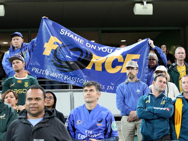 Force supporters fly a banner before the Rugby Championship match against South Africa. Picture: AAP