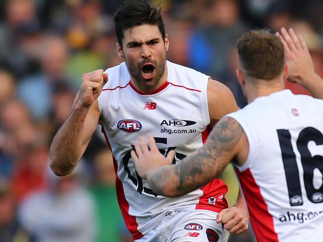 PERTH, AUSTRALIA - JULY 23: Chris Dawes of the Demons celebrates a goal during the round 18 AFL match between the West Coast Eagles and the Melbourne Demons at Domain Stadium on July 23, 2016 in Perth, Australia. (Photo by Paul Kane/Getty Images)