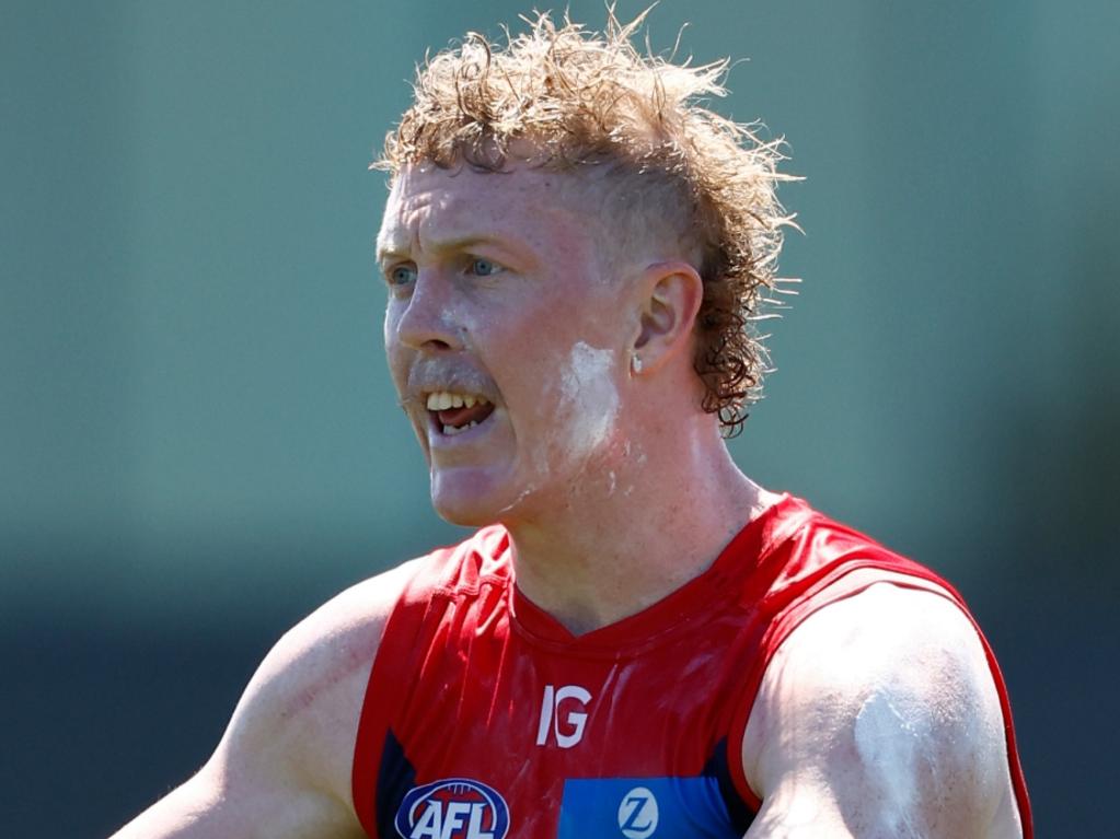 MELBOURNE, AUSTRALIA – FEBRUARY 18: Clayton Oliver of the Demons in action during the AFL 2024 Match Simulation between Melbourne and Richmond at Casey Fields on February 18, 2024 in Melbourne, Australia. (Photo by Michael Willson/AFL Photos via Getty Images)