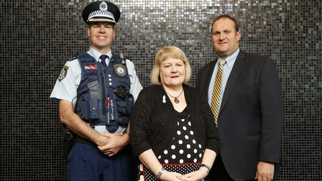 Inspector Matt Harris, Robyn Waite (Hills Domestic Violence Prevention Network and David O'Neil, Group CEO Castle Hill RSL. Photo: Peter Kelly