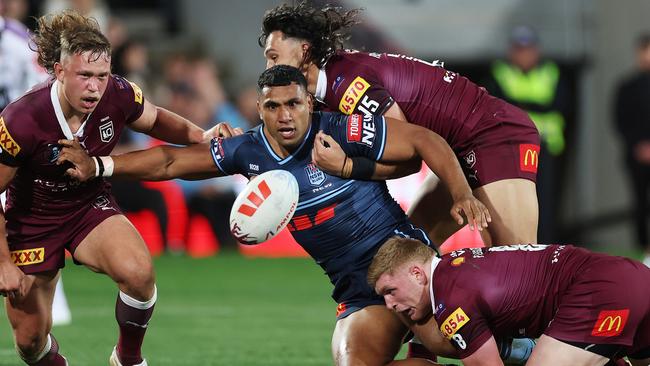 Tevita Pangai Junior cost the Blues with an offload that went wrong. Picture: Getty Images