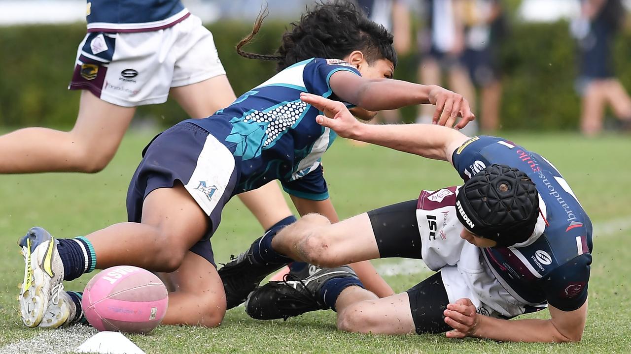 RUGBY LEAGUE: Justin Hodges and Chris Flannery 9s Gala Day. Mountain Creek State High (white shorts) V Morayfield State High, year 10. Creek's Miller Toms goes over for a try. Picture: Patrick Woods.