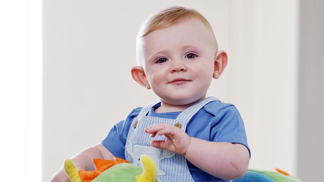 EXCLUSIVE DAILY TELEGRAPH - 27.2.25 **DO NOT USE WITHOUT SPEAKING TO NICOLA AMOROS**9mth old Flynn Christy pictured with his mum Marina Forde in their home today. Flynn has a rare cancer called Infantile Fibrosarcoma but it is under control with a new wonder drug. Picture: Sam Ruttyn