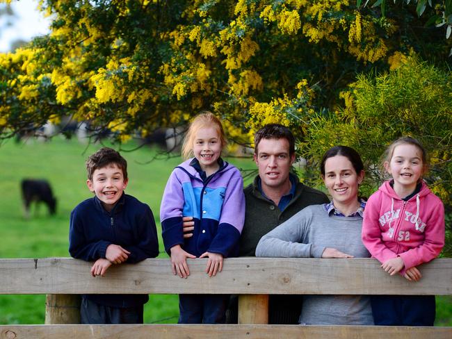 DAIRY: Finger Family, Farmer of the Year Simon and Lauren on their dairy farm at YannathanPictured: L-R 8yo Matthew, 7yo Claire, Simon, Lauren and 5yo Rachael.PICTURE: ZOE PHILLIPS