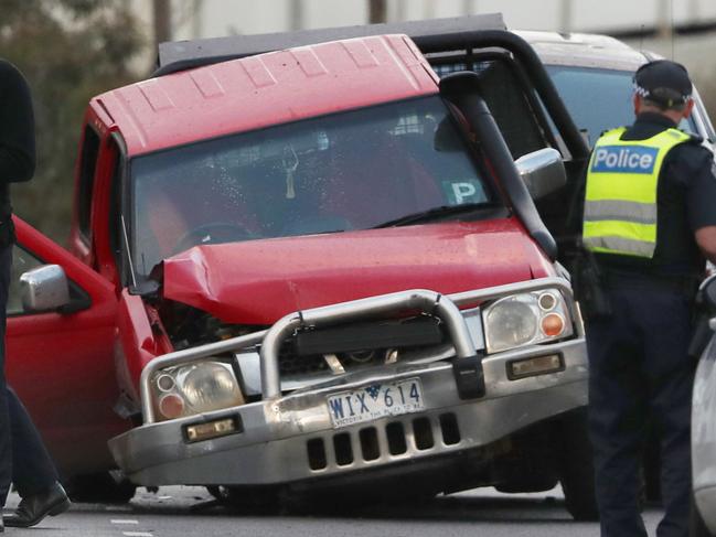 Two men are in custody after a ute with a blown tyre was used to ram a number of police cars during a pursuit in MelbourneÃs north. The ute hit multiple police cars before coming to a stop off the Edgars Rd off ramp in Thomastown. Wednesday, June 3, 2020. Picture: David Crosling