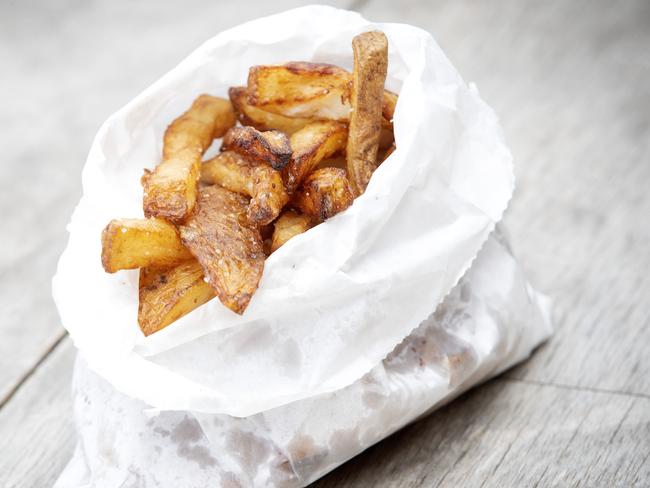 Ali’s triple-cooked, super crispy, chunky chips. Picture: CHRIS KIDD