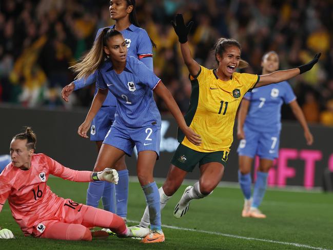 MELBOURNE - July 14 :.  AustraliaÃs Mary Fowler after scoring putting the Matildas 1-0 up during the friendly between Australia and France ahead of the upcoming WomenÃs World Cup .  Photo by Michael Klein.