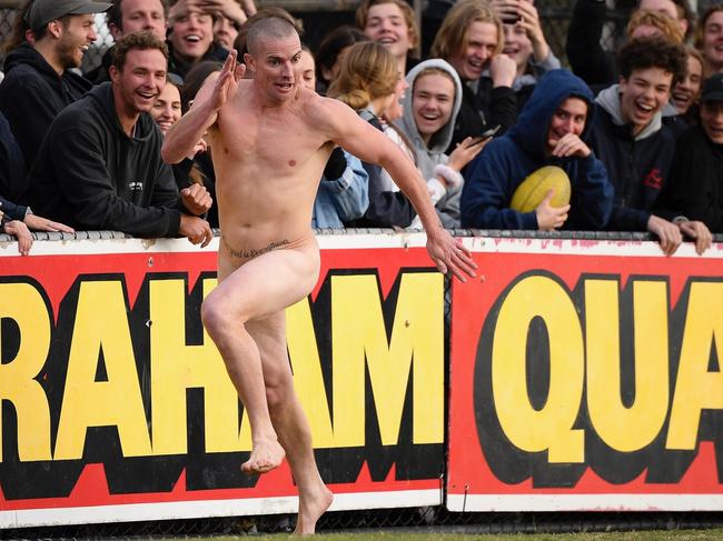 The crowd went wild at Garth's antics during the Mornington Peninsula Nepean football grand final. Picture: Andy Brownbill