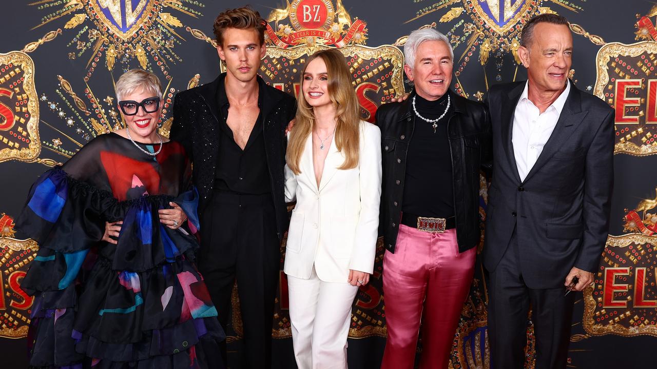 Catherine Martin, Austin Butler, Olivia DeJonge, Baz Luhrmann, Tom Hanks at the Gold Coast premiere. Picture: Chris Hyde/Getty Images