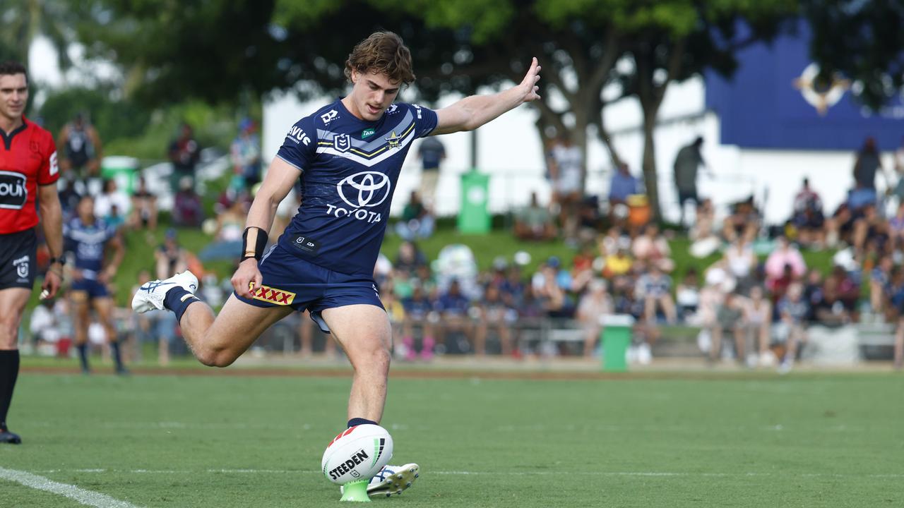 Cowboys' Tom Duffy kicks a conversion in the NRL pre season match between the North Queensland Cowboys and the Redcliffe Dolphins at Barlow Park Picture: Brendan Radke