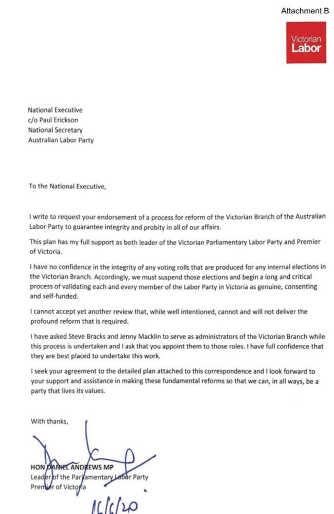 Daniel Andrews’ letter to the National Executive.