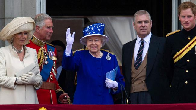 Queen Elizabeth flanked by members of the British royal family at Trooping the Colour in central London on June 15, 2013. Picture: Carl Court/AFP