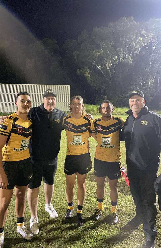 Caloundra Sharks a-grade players Tyrell Hopkins, Kaedyn Philemon and Liam Smith pictured after making their senior debut. Picture: Facebook.