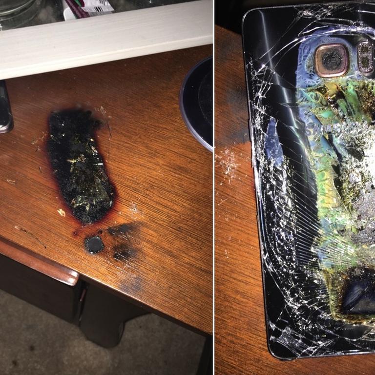 A destroyed Galaxy Note 7 that caught fire on its owner’s nightstand in the middle of the night. Picture: Shawn Minter