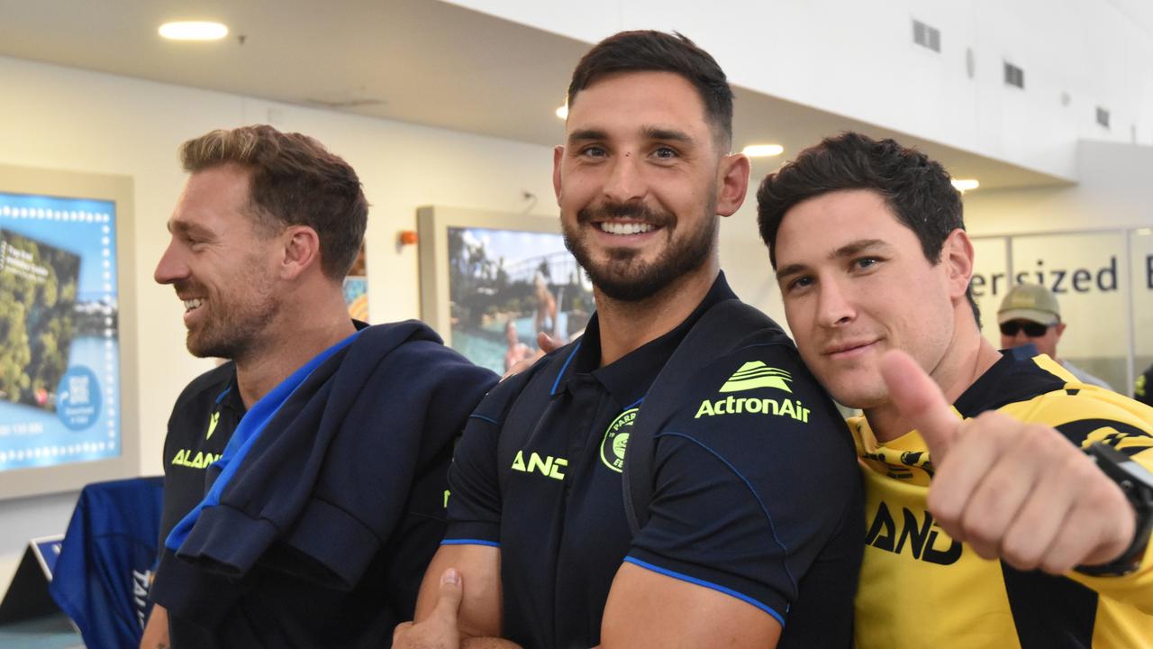 Mitchell Moses (right) with Bryce Cartwright and Ryan Matterson in Darwin. Picture: Alex Treacy