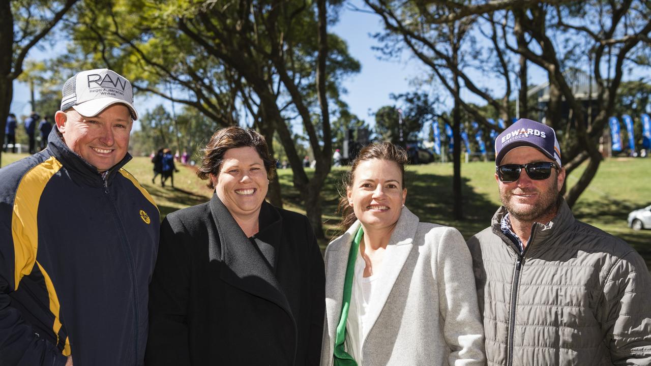 At Grammar Downlands Day are Downlands supporters (from left) Chris Thomas, Helen Kelly, Brooke Kelly and Logan Kelly at Toowoomba Grammar School, Saturday, August 19, 2023. Picture: Kevin Farmer