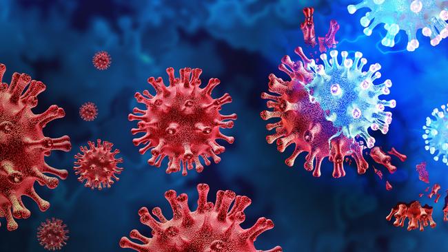 Mutating virus variant and cell mutation variants as a health risk concept and new coronavirus outbreak or covid-19 viral cells mutations and influenza background as a 3D render.