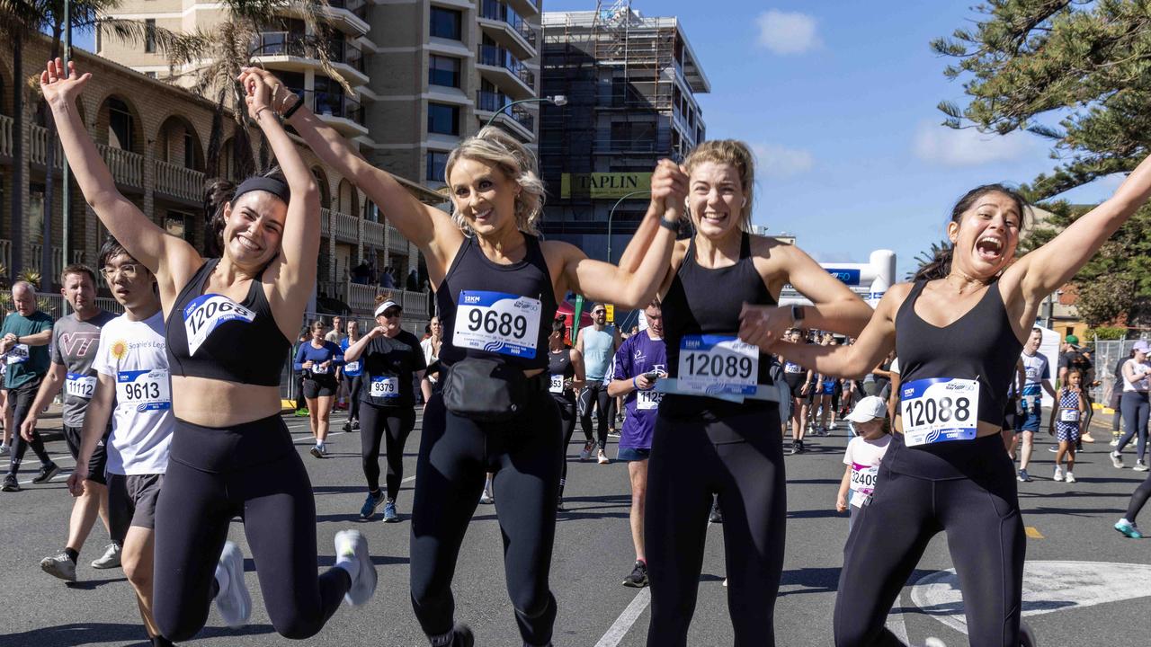 September 10, 2024: Nicola Komninos, Kayla Nella Bonfiglio, Alexandra Carey and Poojaa Anand at the end of The 2024 Lumary City-Bay Fun Run.  Picture: Kelly Barnes