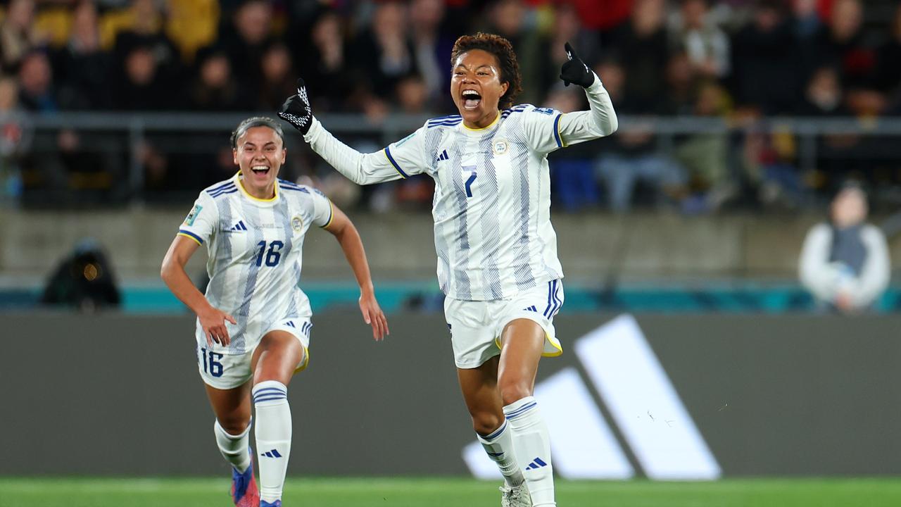 Sarina Bolden of Philippines celebrates after scoring against New Zealand. (Photo by Catherine Ivill/Getty Images)