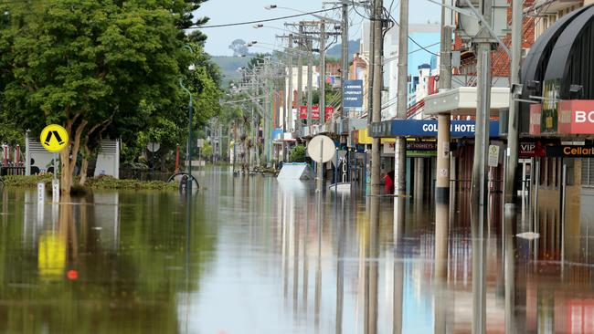 The streets of Lismore were inundated with floodwater after the Wilson River overtopped the flood levee in 2017. Pic Nathan Edwards