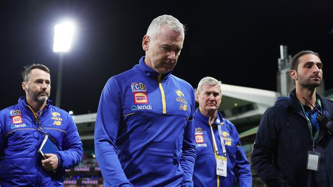 SYDNEY, AUSTRALIA - JUNE 24: Eagles head coach Adam Simpson walks from the field after defeat during the round 15 AFL match between Sydney Swans and West Coast Eagles at Sydney Cricket Ground, on June 24, 2023, in Sydney, Australia. (Photo by Mark Metcalfe/AFL Photos/via Getty Images )