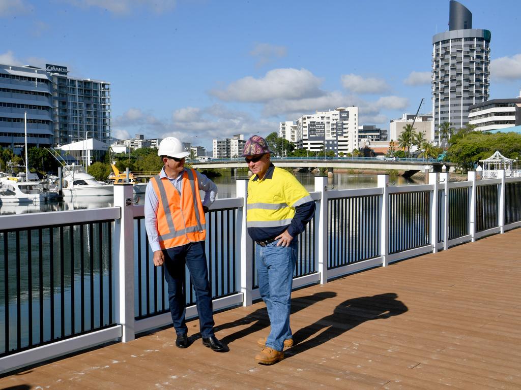 Cr Mark Molachino and Embe for Townsville Scott Stewart at the East End Boardwalk project near Flinders Street. Picture: Evan Morgan