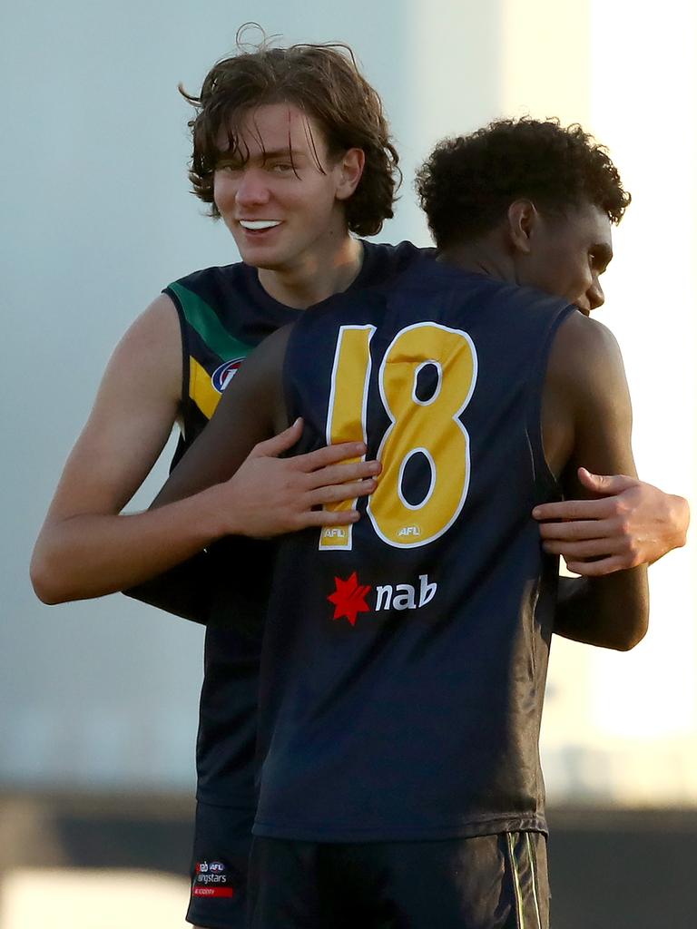 Matthew Jefferson and Anthony Munkara celebrate a goal for the AFL Academy side. Picture: Getty Images