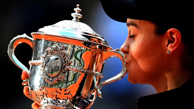 Barty kisses the Suzanne Lenglen Cup. Picture: Getty Images