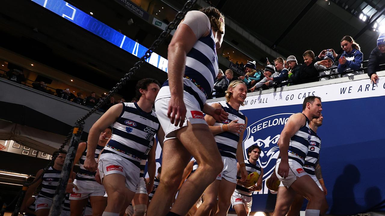 Geelong captain Patrick Dangerfield and Ollie Dempsey walk up the race before their Round 16 game against the Bombers. Picture: Graham Denholm/Getty Images.