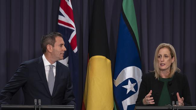 Treasurer Jim Chalmers and Finance Minister Katy Gallagher hold a press conference at Parliament House Canberra. Picture: NCA NewsWire / Martin Ollman