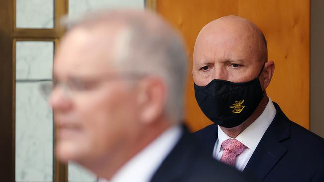 CANBERRA, AUSTRALIA NewsWire Photos FEBRUARY, 07 2022:  Prime Minister Scott Morrison spoke to media during a press conference at Parliament House in Canberra. Peter Dutton attended the presser with the PM.Picture: NCA/Gary Ramage