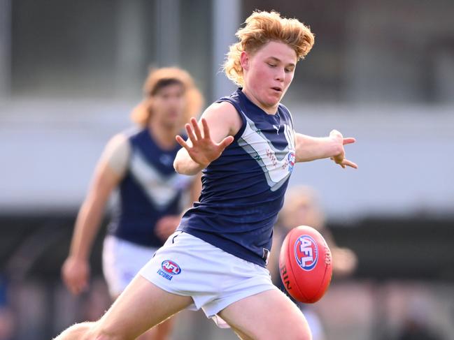 MELBOURNE, AUSTRALIA - JULY 16: Levi Ashcroft of Vic Metro kicks the ball during the 2023 U18 Boys Championships match between Vic Country and Vic Metro at Ikon Park on June 16, 2023 in Melbourne, Australia. (Photo by Morgan Hancock/AFL Photos via Getty Images)