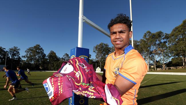 Floyd Aubrey with Queensland Reds indigenous jersey ahead of the indigenous round in the Rugby Union. Brisbane 28th May 2019 AAP Image/Richard Gosling