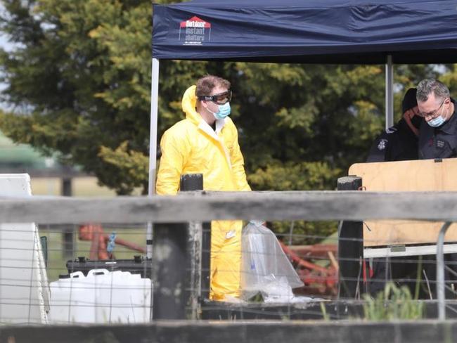 Investigators on a property at Macedon Ranges where they uncovered one of the biggest drug labs in Victoria’s history and seized 100kg of ice.