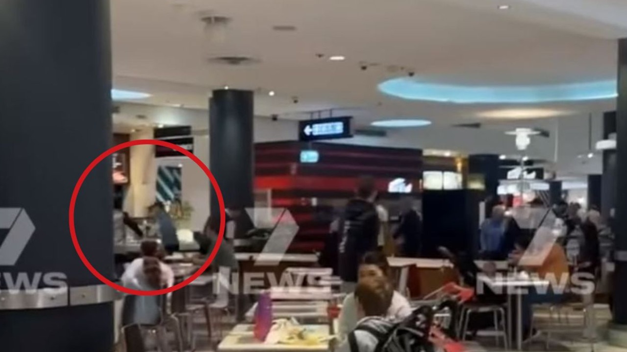 Vision has emerged of a brawl between two groups in the Westfield Marion food court on Sunday that sparked the mayhem. Picture: 7NEWS