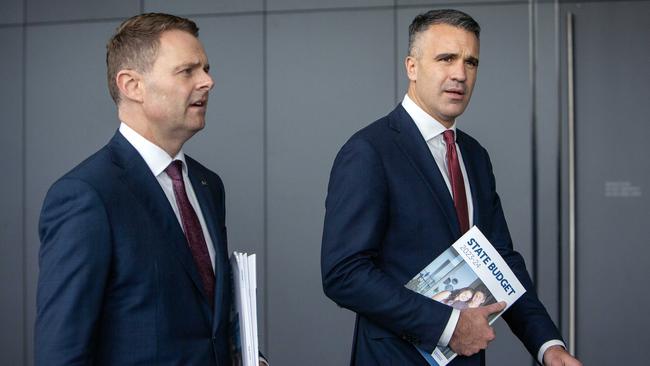 Premier Peter Malinauskas and Treasurer Stephen Mullighan with State Budget papers in June, 2023. Picture: NCA NewsWire / Emma Brasier.