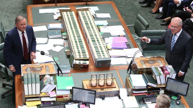 Opposition Leader Anthony Albanese and PM Scott Morrison during question time in the House of Representatives. Both leaders will look for a clean slate in the new year. Picture: Kym Smith