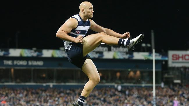 Geelong’s Gary Ablett kicks a goal against West Coast. Picture: Michael Klein