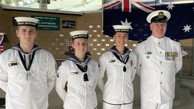 Jaxon Stead, Caitlin Agnew, Isabel Partington and Command warrant officer Syd Walsh of HMAS Kuttabul, who all travelled to be at the Kuttabul Dawn Service at Hampden State School. Picture: Janessa Ekert