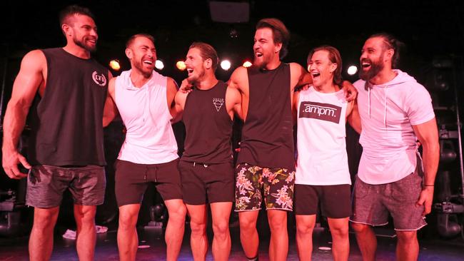 Hanging out with best mates and performing to crowds of screaming women each night — it’s a typical day for the Thunder From Down Under dancers. Picture: Nathan Edwards