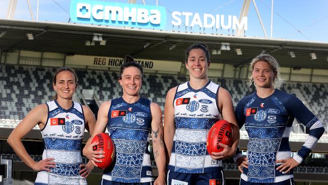 Geelong AFLW players Chantel Emonson, left, Julia Crockett-Grills, Jackie Parry and Georgie Prespakis  in the indigenous jumper. Picture: Alison Wynd