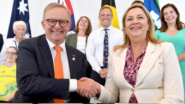 Prime Minister Anthony Albanese with Queensland Premier Annastacia Palaszczuk after agreeing to a Brisbane Olympics funding deal. Picture: NCA NewsWire/John Gass