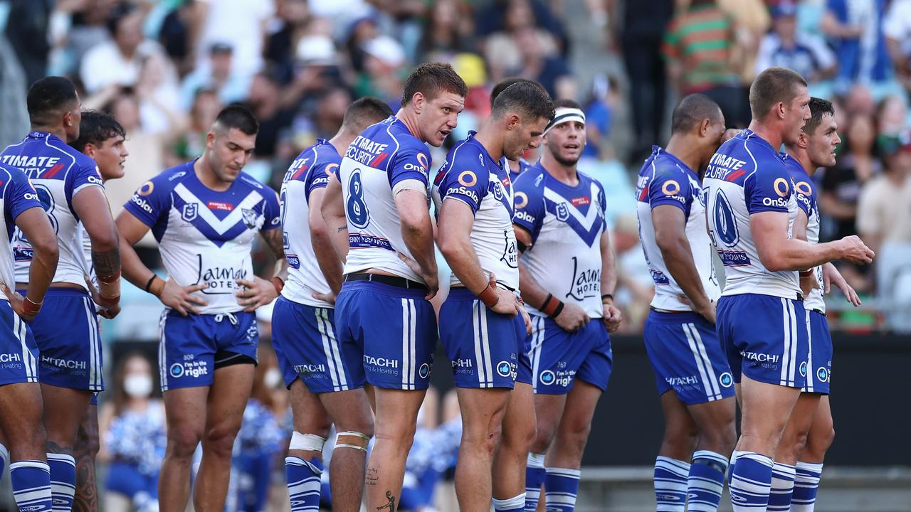 SYDNEY, AUSTRALIA - APRIL 02: Dylan Napa of the Bulldogs and team mates look dejected during the round four NRL match between the Canterbury Bulldogs and the South Sydney Rabbitohs at Stadium Australia, on April 02, 2021, in Sydney, Australia. (Photo by Cameron Spencer/Getty Images)